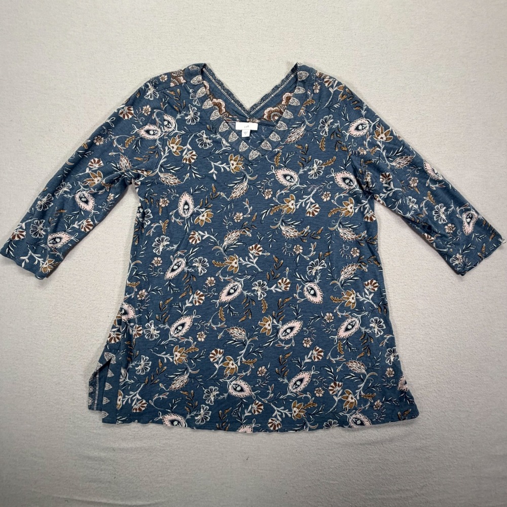 J. Jill Tunic Top Womens Small Good Blue Floral Paisley V-Neck 3/4 Sleeve Knit